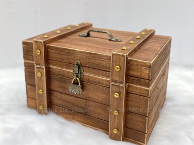 Rương gỗ viền nẹp đinh tán giả cổ 35cm (tặng ổ khoá) RUONG-GO-01